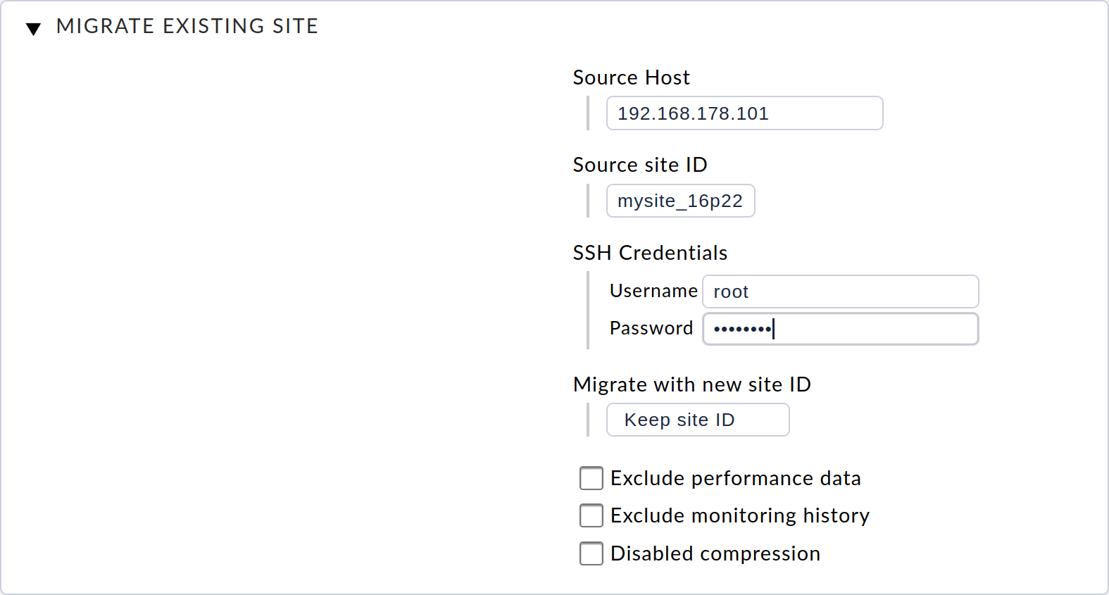 Specifying the migration parameters.