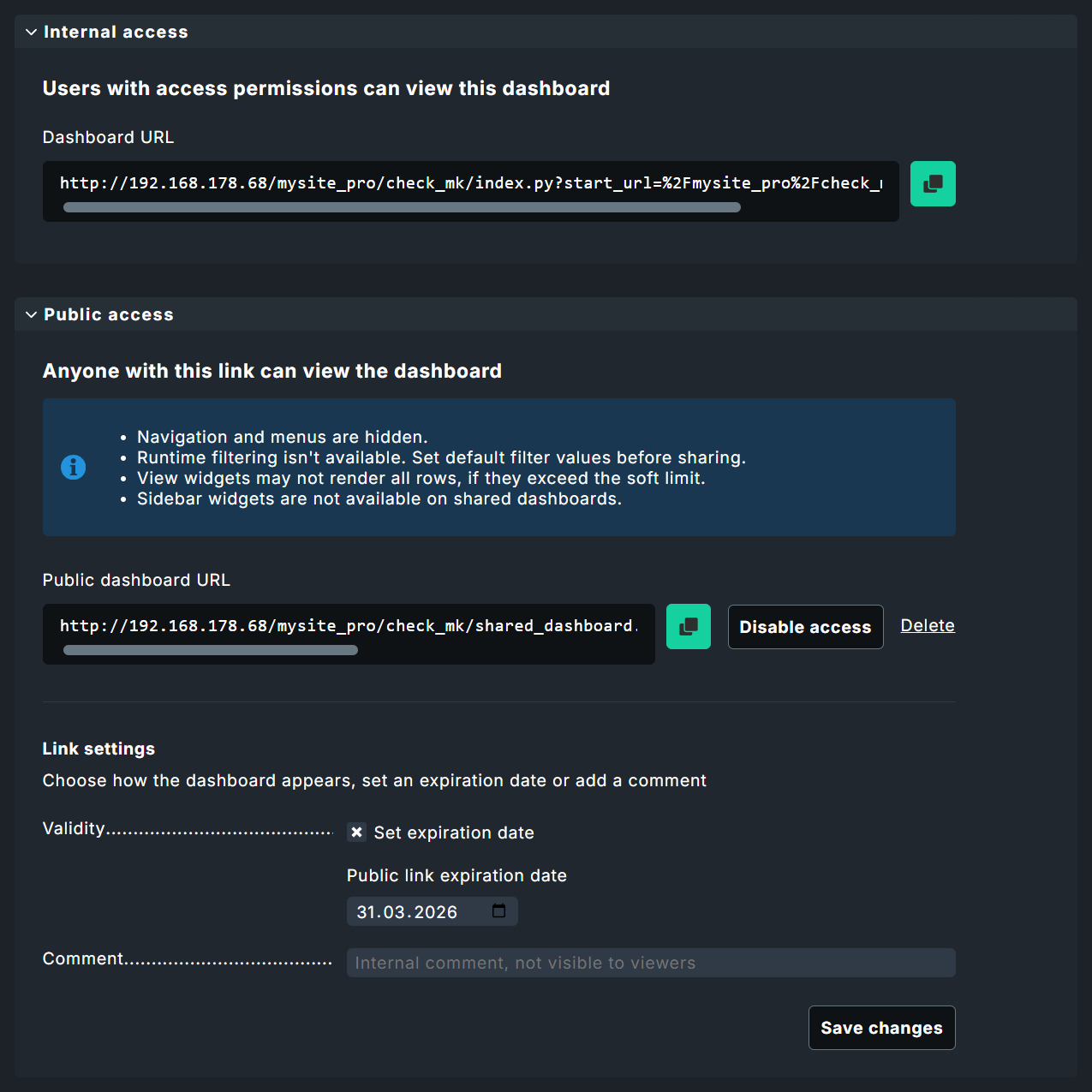 Dashboard sharing configuration