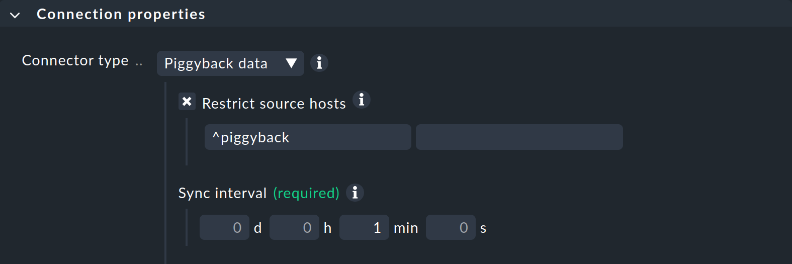 Erster Teil der Eigenschaften einer Piggyback-Verbindung zu Quell-Host und Synchronisierungsintervall.