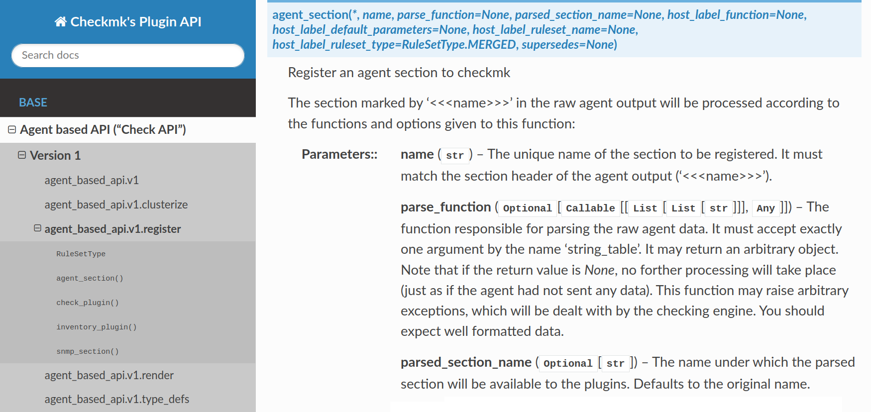 Check API documentation for the registration function 'agent_section'.