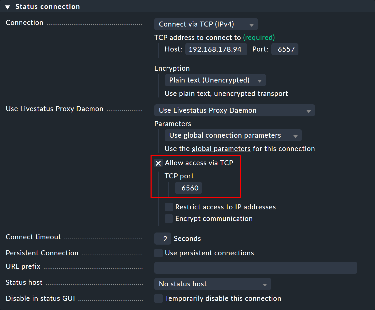 Connection settings in distributed monitoring with TCP access enabled for viewer sites.