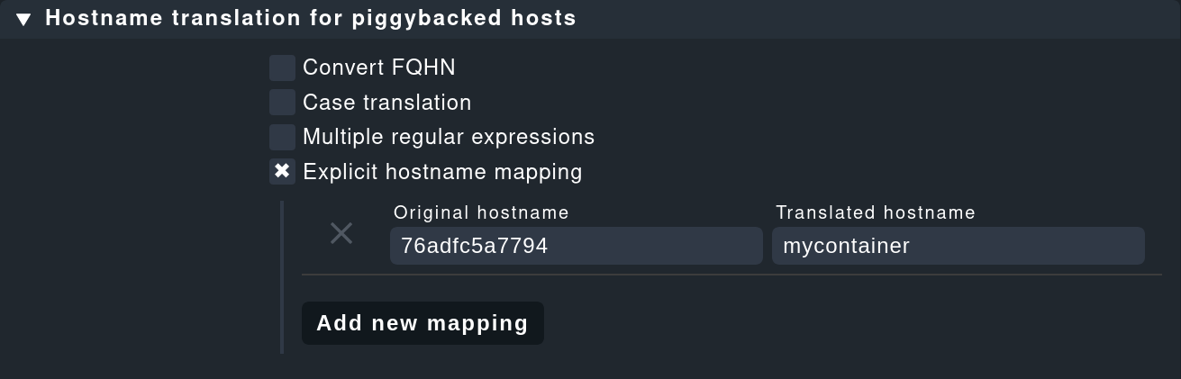 Regel zur Übersetzung der Host-Namen von Hosts mit Piggyback-Daten.