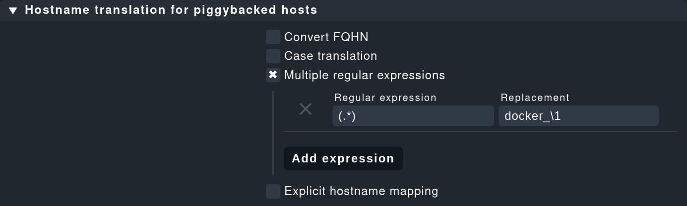 Regel zur Umbenennung der in den Piggyback-Daten enthaltenen Host-Namen.