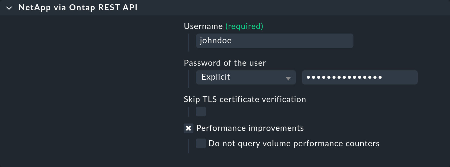 Input mask of the access data for Netapp monitoring.