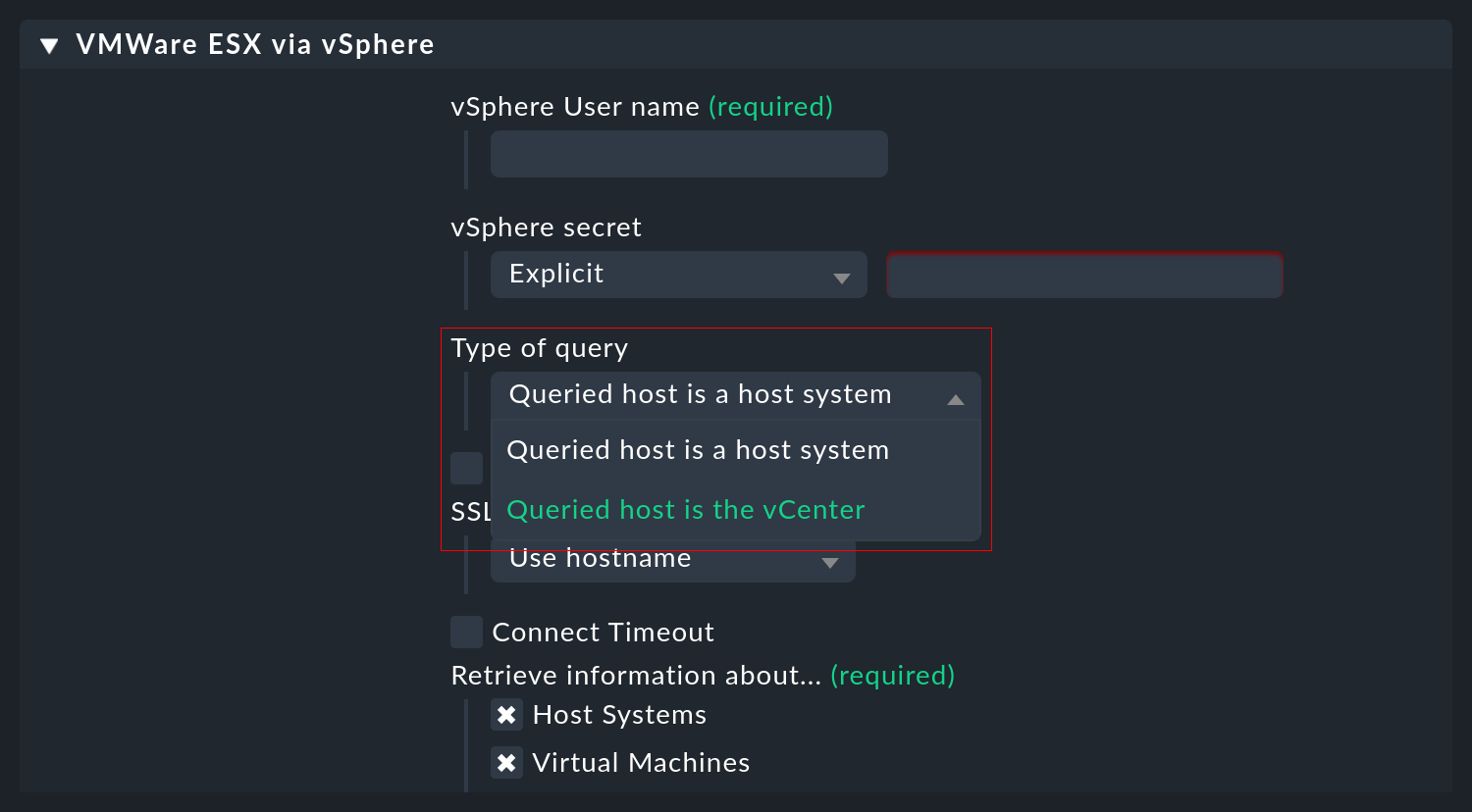 Auswahlmöglichkeiten 'host system' vs. 'vCenter' in der VMware ESXi Konfiguration.