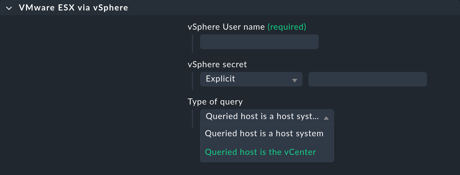 Query type options in the VMware ESXi configuration.