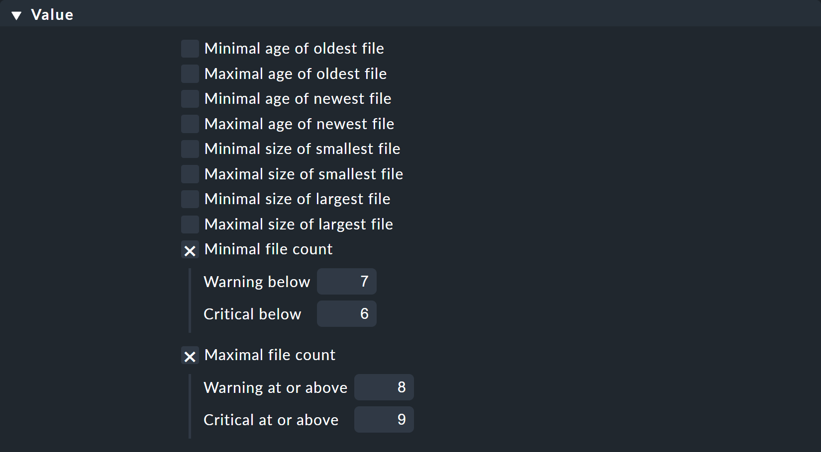 Form with upper and lower limits for file monitoring.