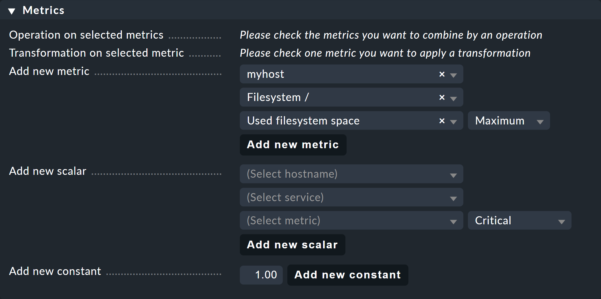 Selection of options for a metric.