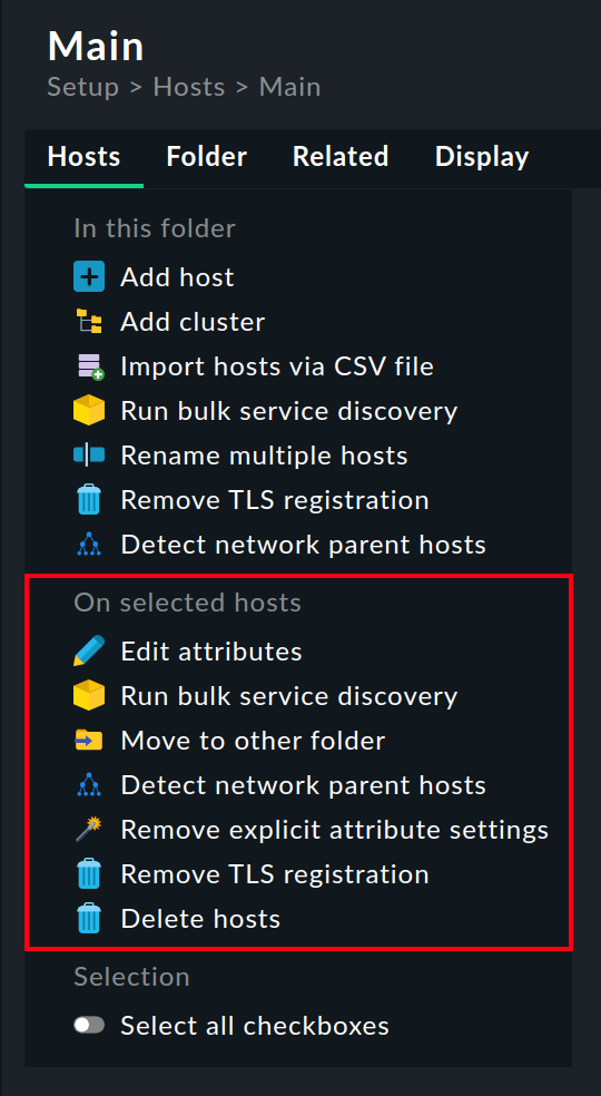 'Hosts' menu with the bulk actions function.