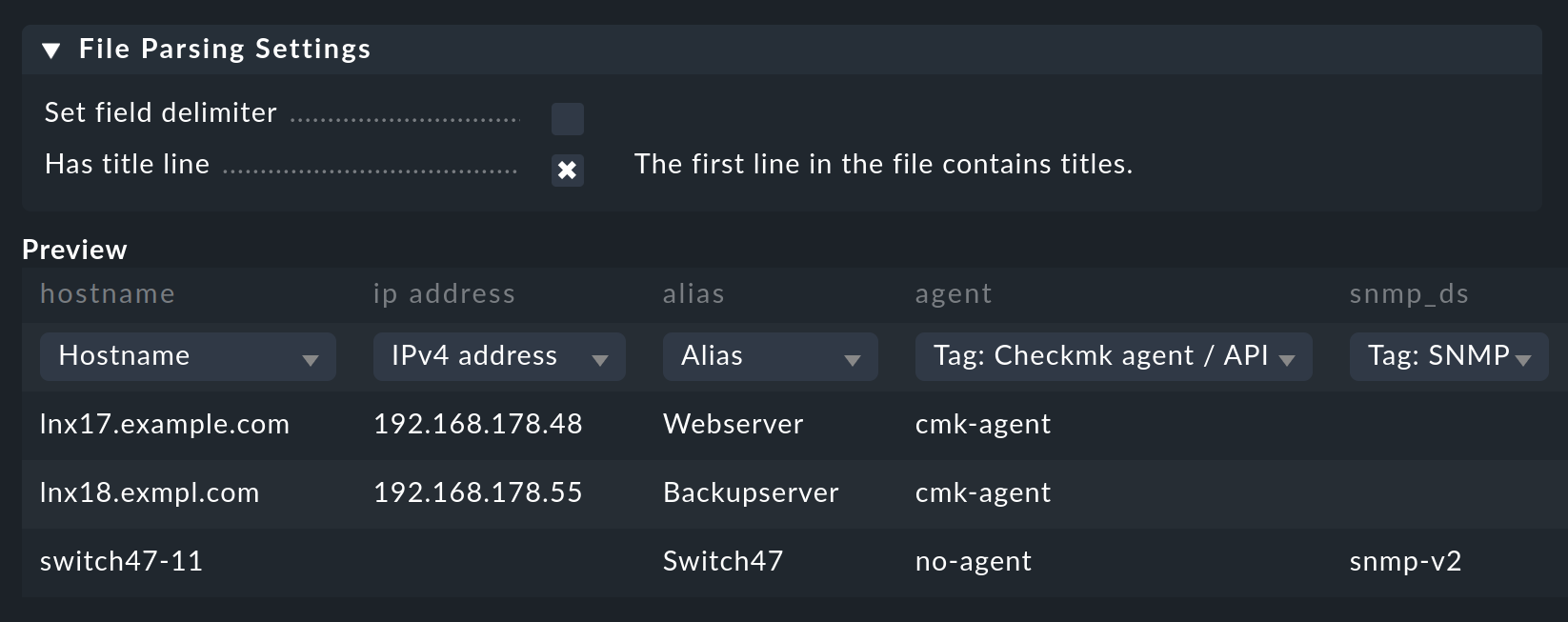 Dialog zur Kontrolle der CSV-Daten für den Import.