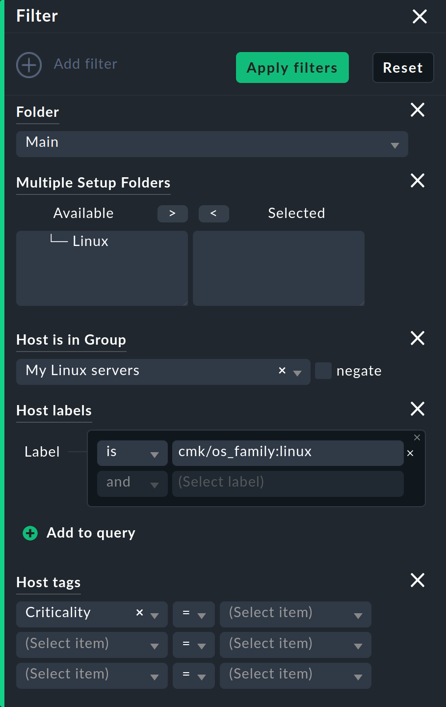 View with filter bar and selected filters for structuring elements.