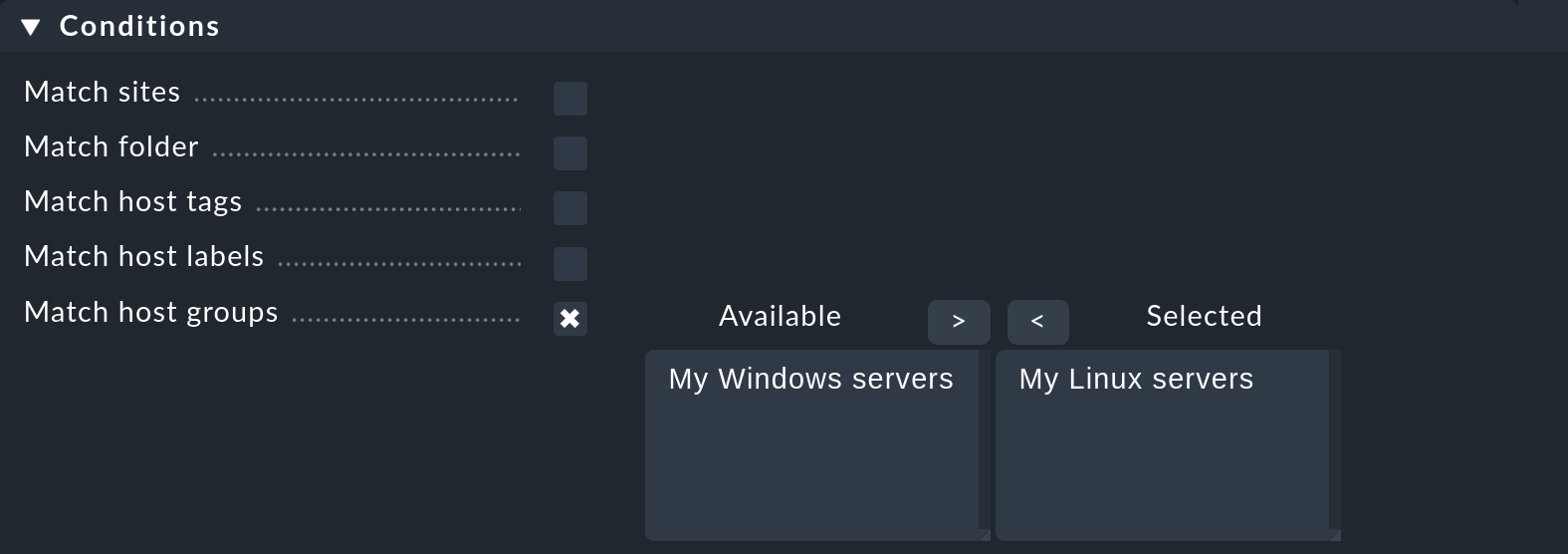 Dialog for selecting host groups in a notification rule.