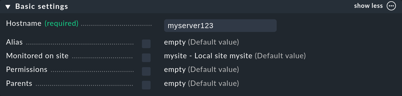 Dialog with host properties: the host name.