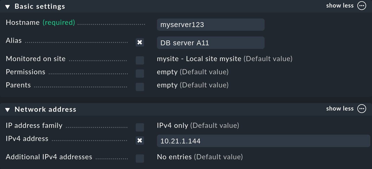 Dialog with properties of a host: alias and IP address.