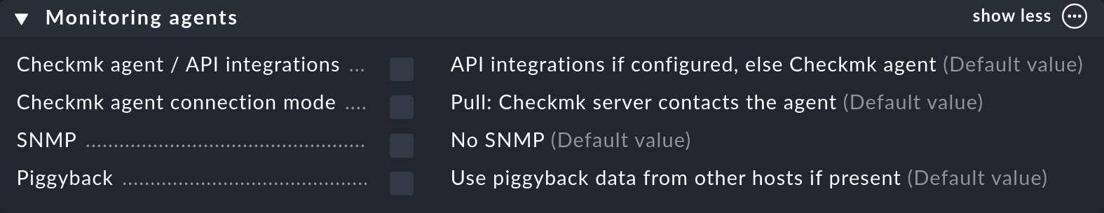 Dialog with the properties of a host: Monitoring agents.