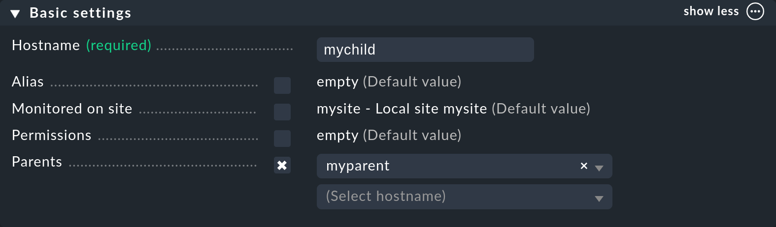 Dialog with the properties of a host for setting the parents.