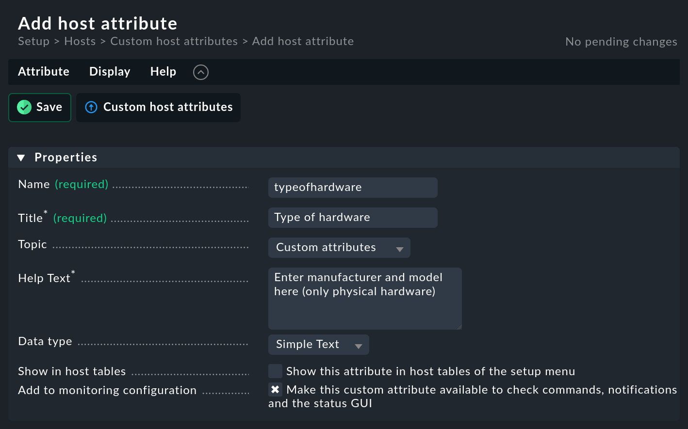 Menu for creating a custom attribute.