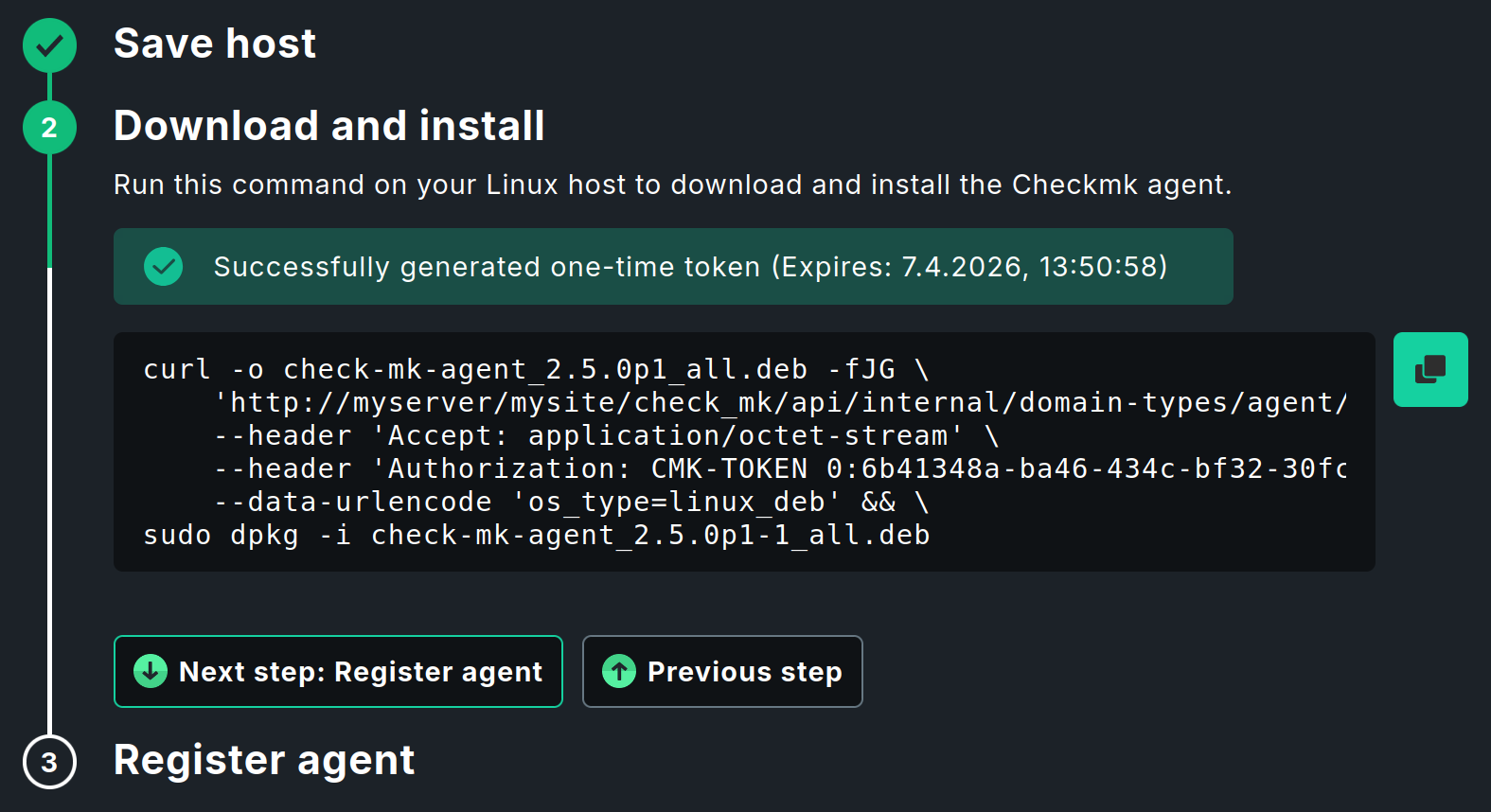 Der zweite Schritt im Slideout zur Installation des Checkmk-Agenten.
