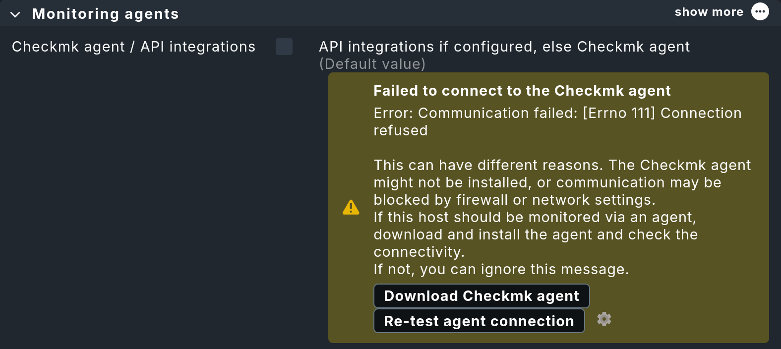 Fehlermeldung bei einem Host ohne installierten Checkmk-Agenten.