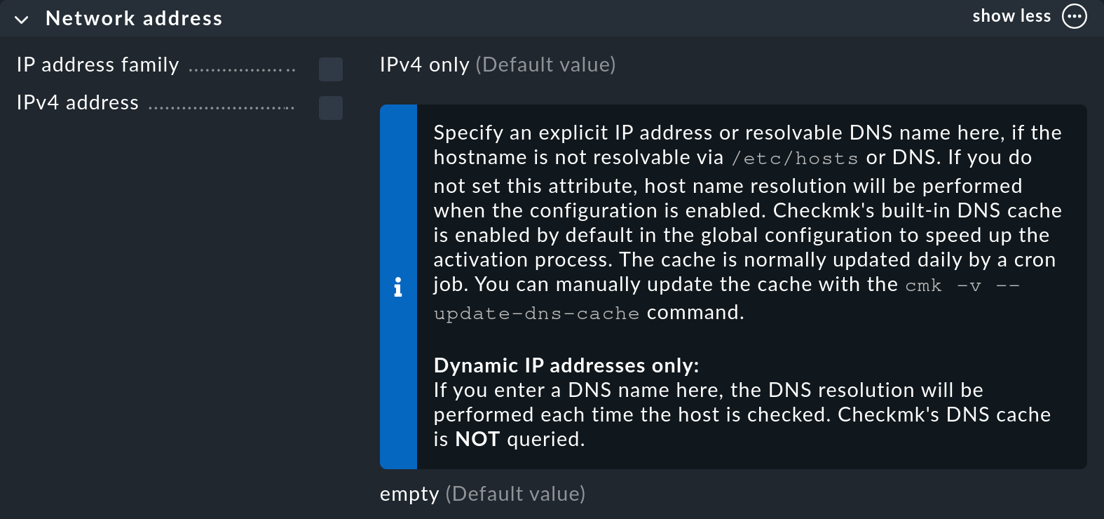 Die Eigenschaften eines Hosts mit eingeblendeter Inline-Hilfe für die IPv4-Adresse.