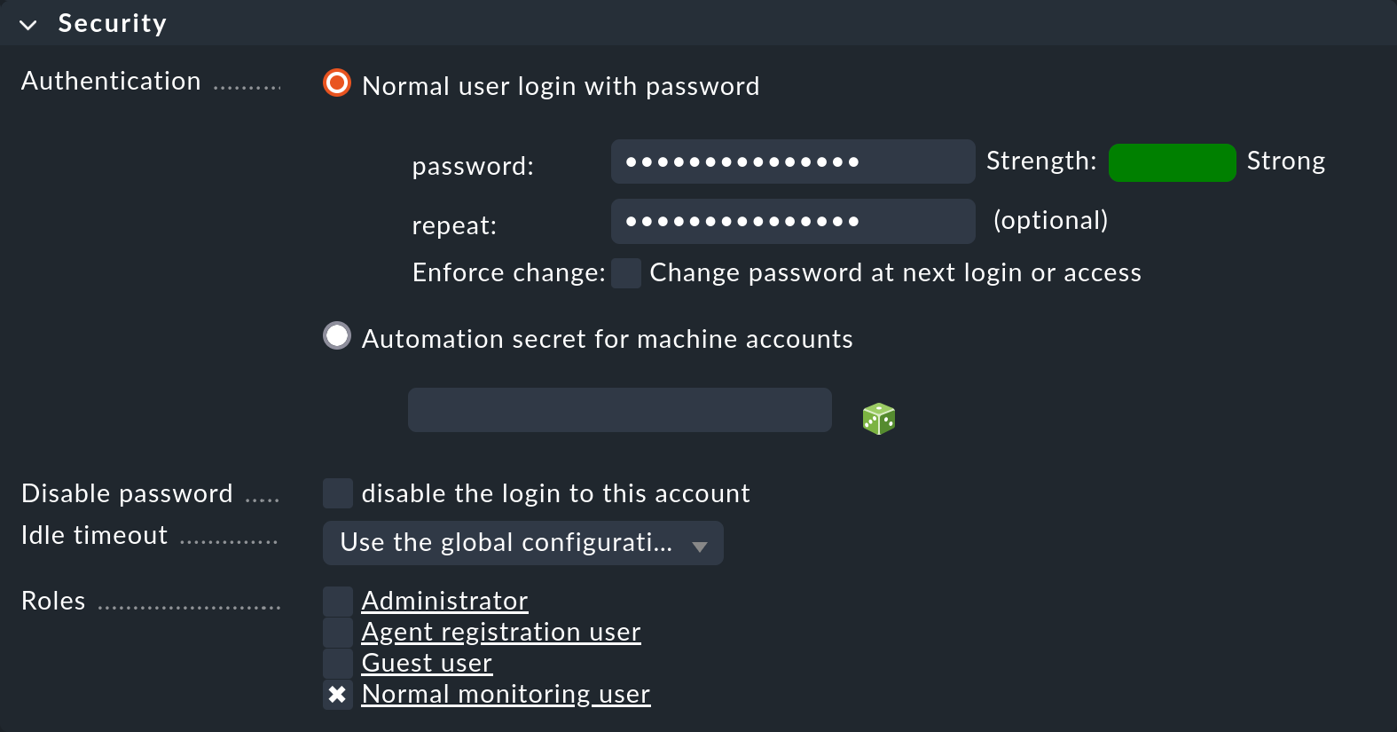 Dialog for defining the security settings for the new user.