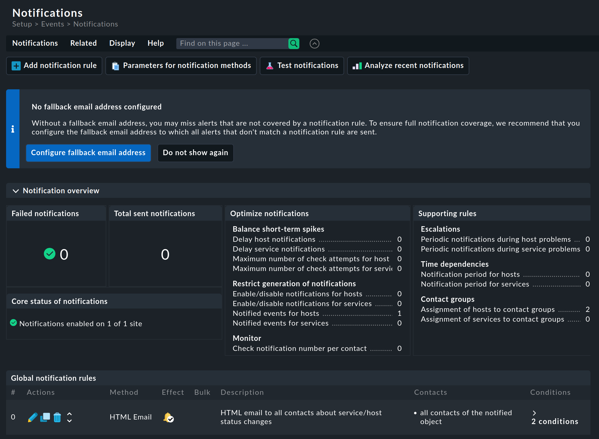 Entry page in the setup for the notifications.