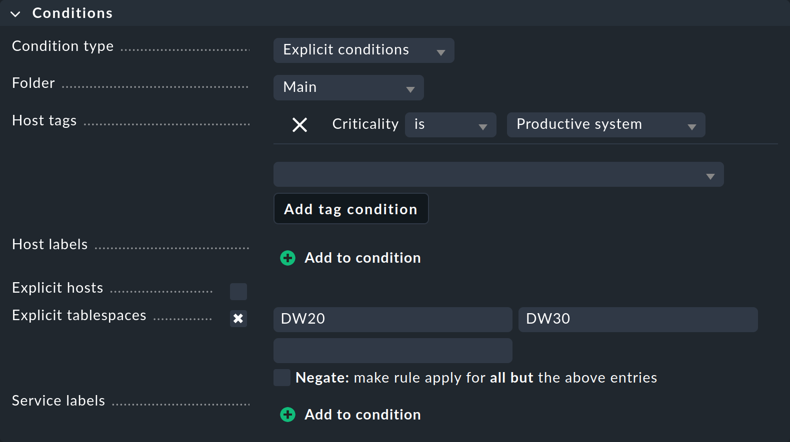 Dialog for setting the conditions for the new rule.