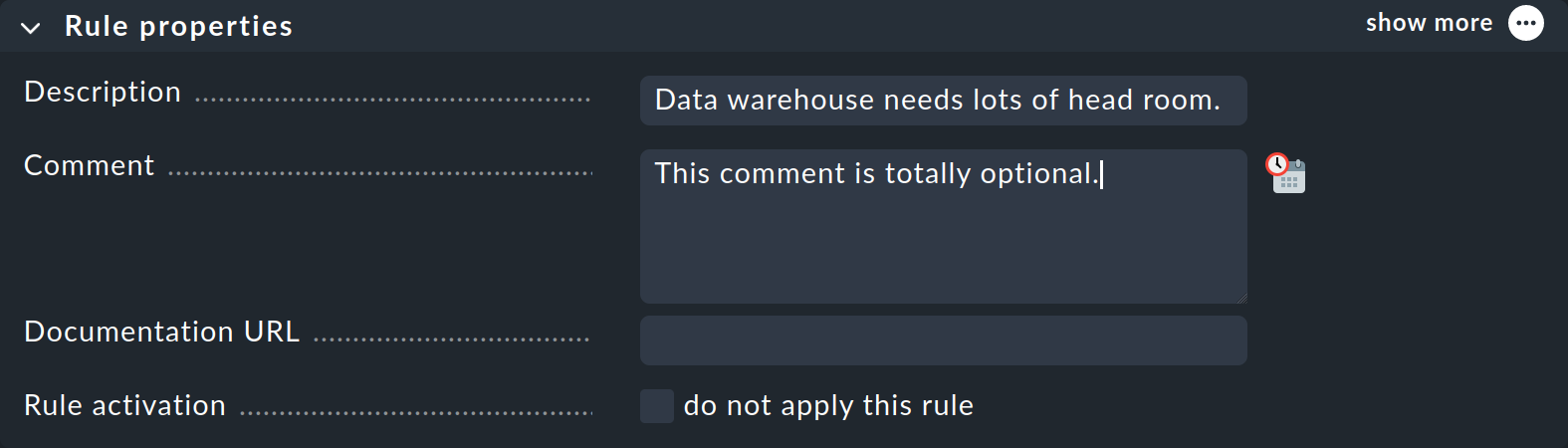Dialog for setting the properties for the new rule.