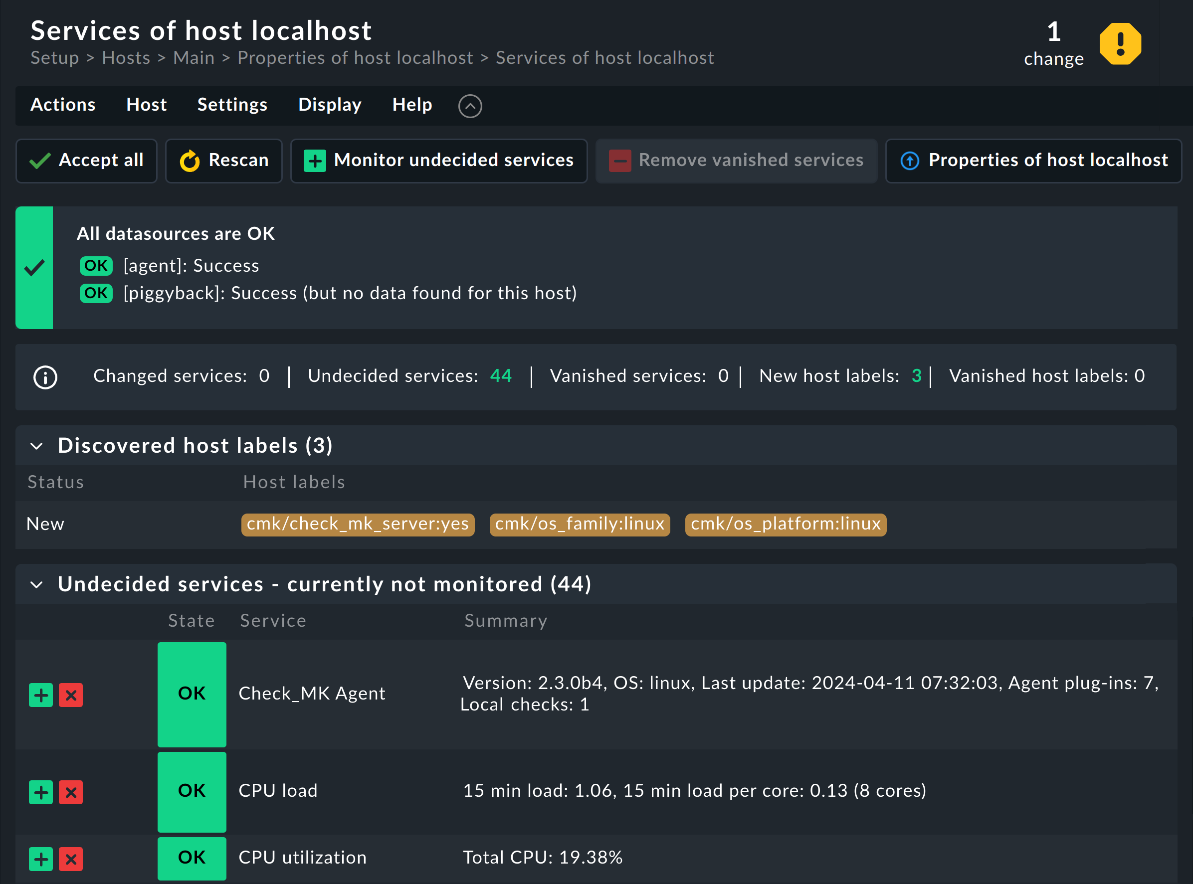 List of services found on the host for adding to monitoring.