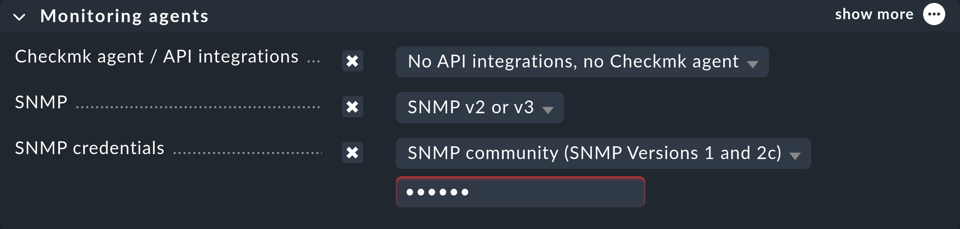 Dialog with properties when creating a host via SNMP: the 'Monitoring agents'.