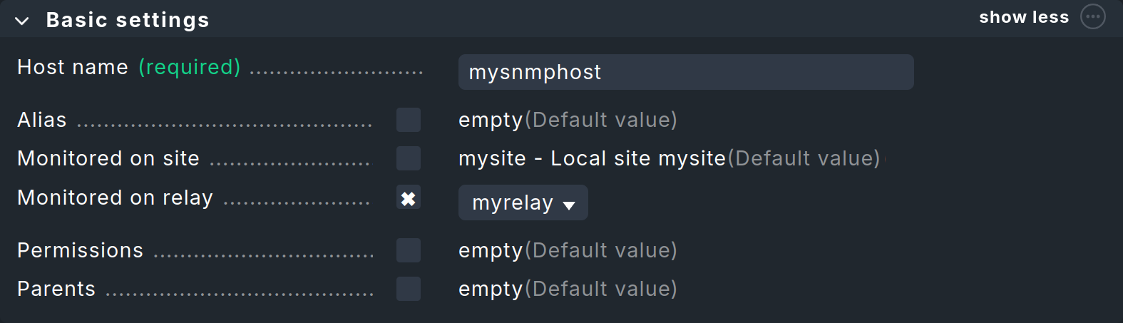 Dialog mit Eigenschaften beim Erstellen eines Hosts per SNMP: die 'Basic settings'.