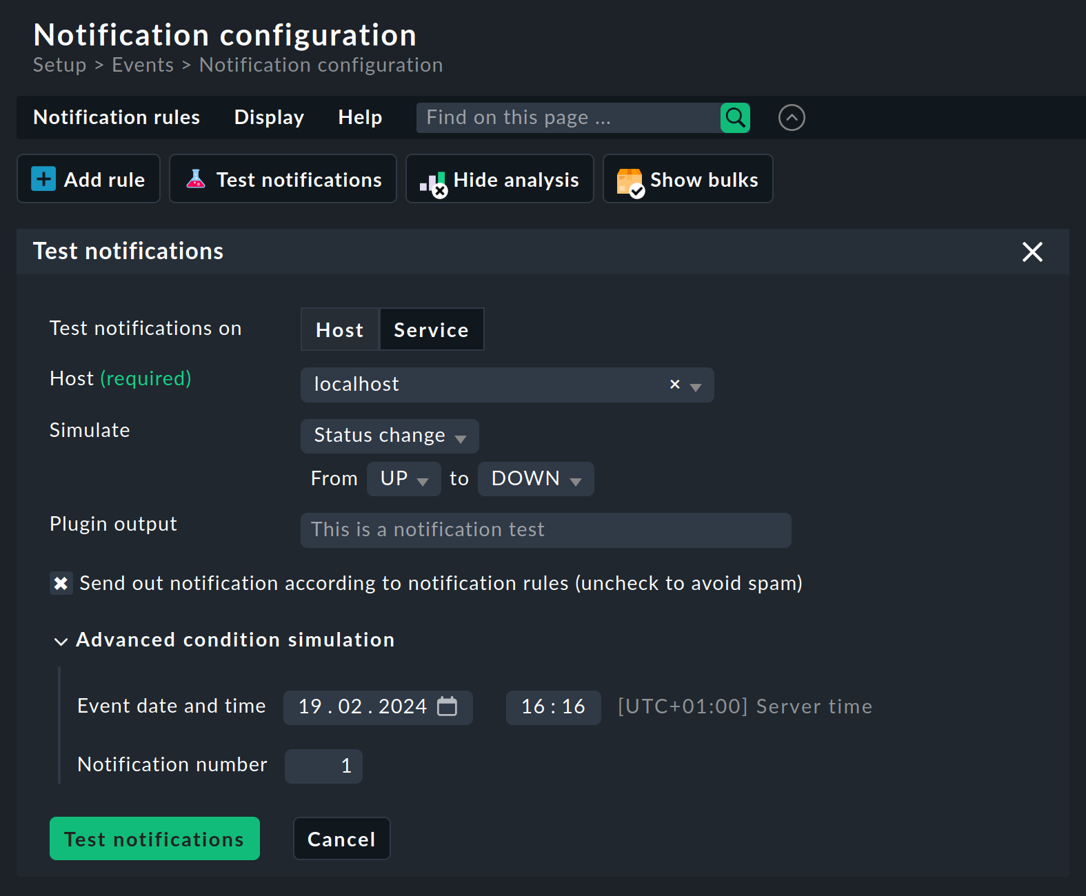 Dialog for defining the properties of the simulated notification.