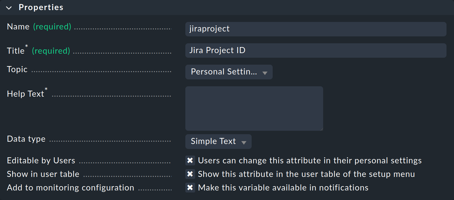 Ein benutzerdefinierter Attribut für die Jira Project ID.
