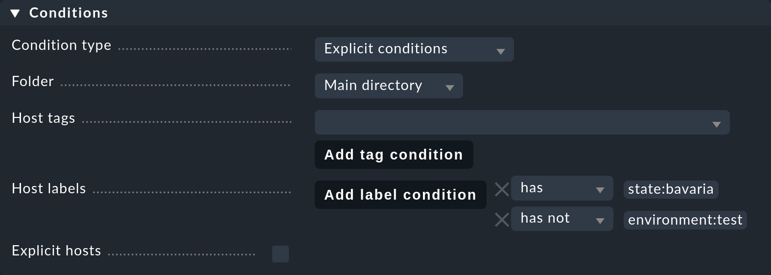 Dialog for defining conditions with labels.