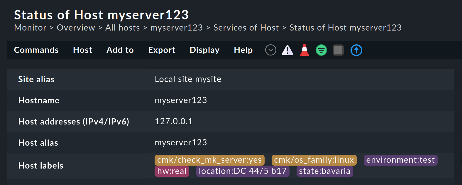 Dialog with the host status and the assigned labels.