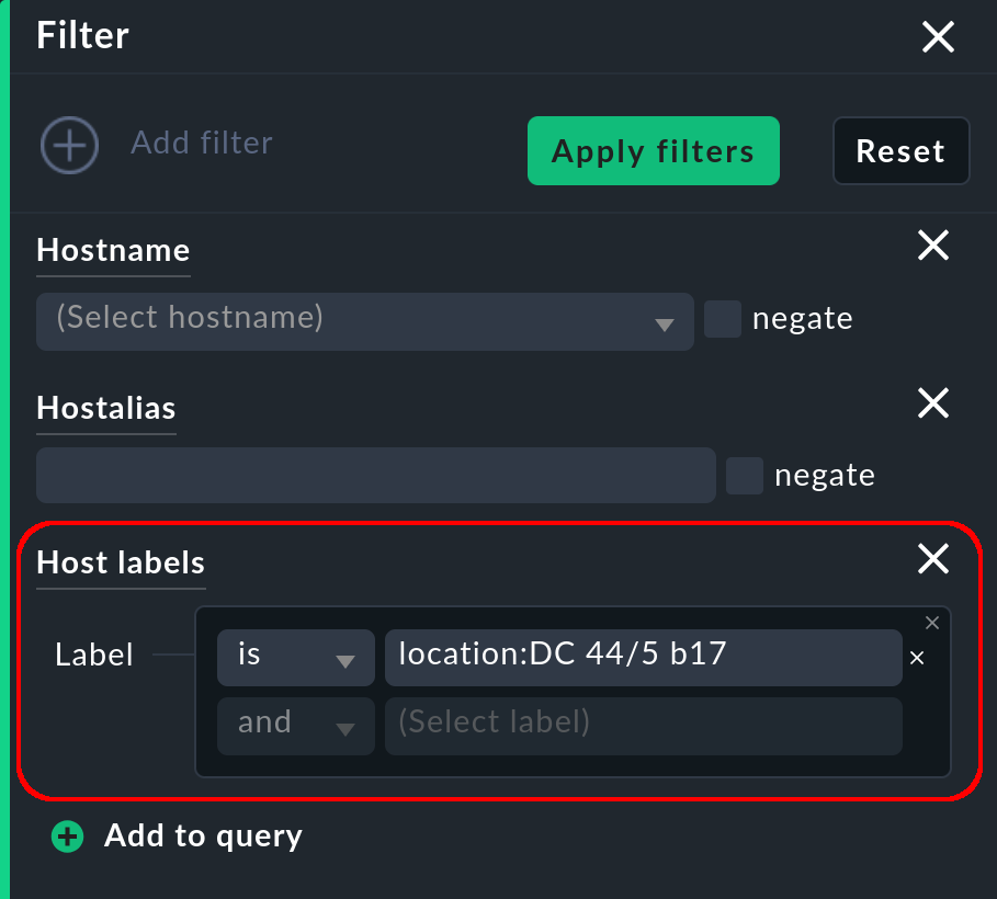Filterleiste mit Filter zur Suche nach einem Label.
