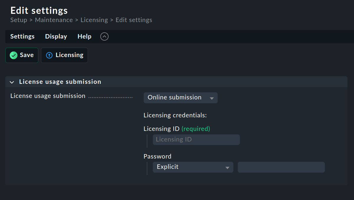 Form to enter license usage settings.