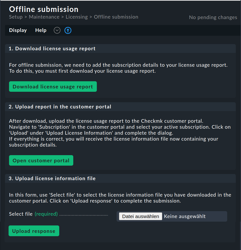 Seite für Offline-Übermittlung der Lizenzinformationen in Checkmk Enterprise.