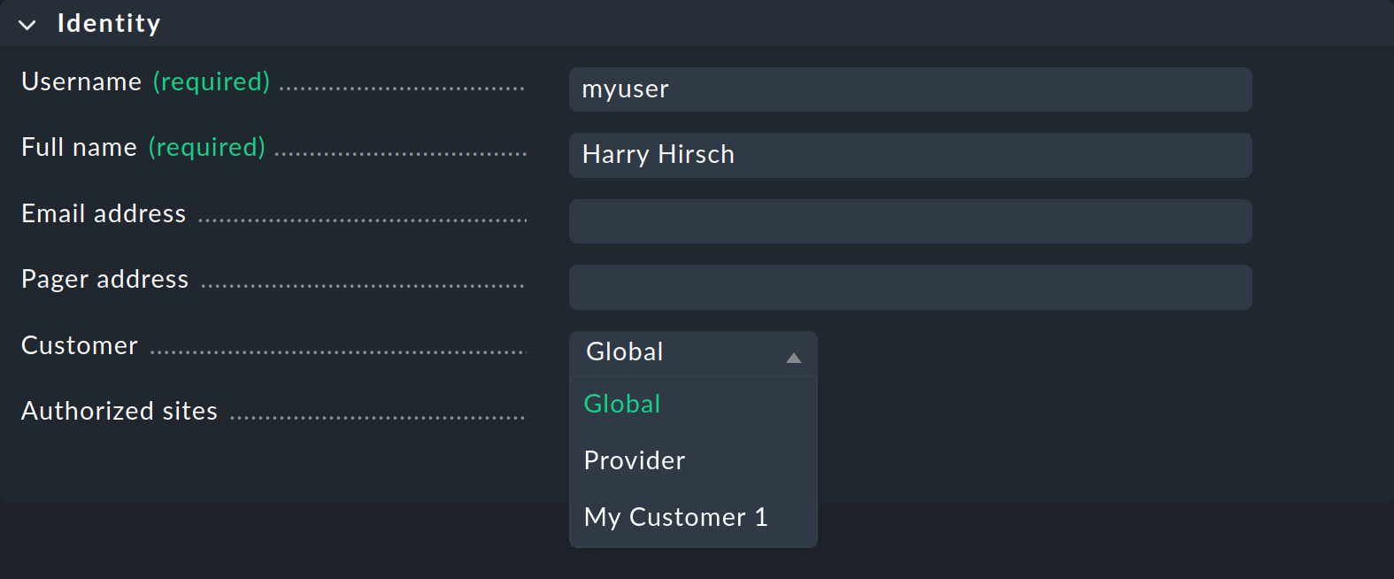 The entries for the 'Customer' option.