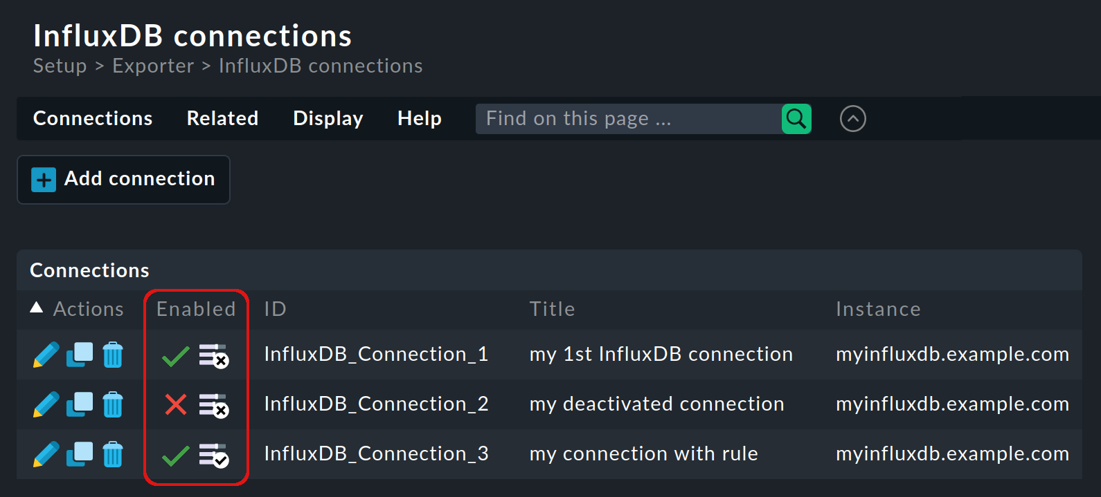 List of InfluxDB connections.