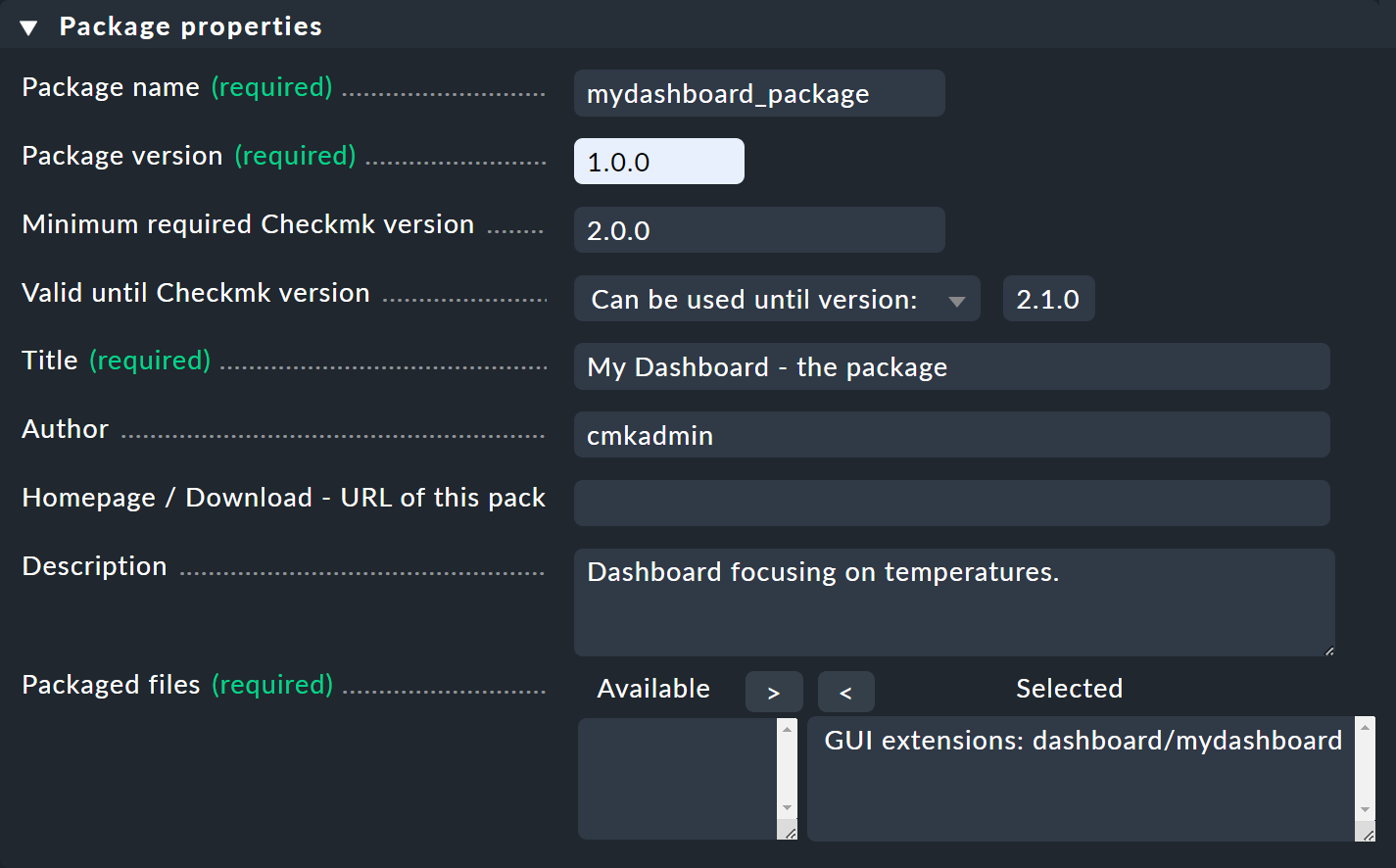 Einstellungsdialog eines zu paketierenden Dashboards.