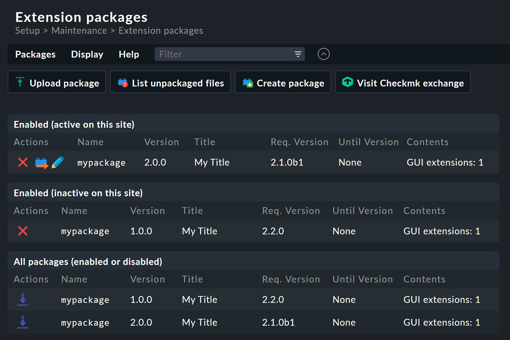 Versioned and packaged extensions in the packages overview.