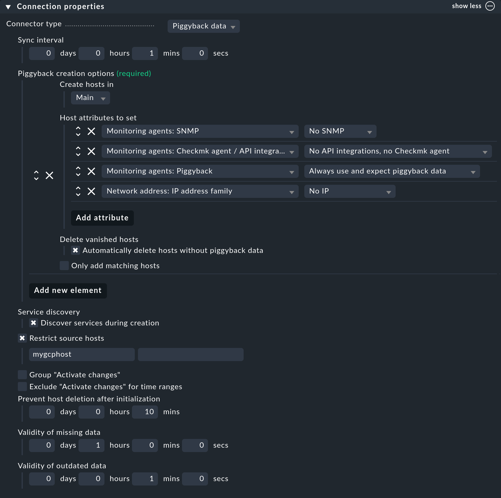 Exemplary configuration of connection properties.