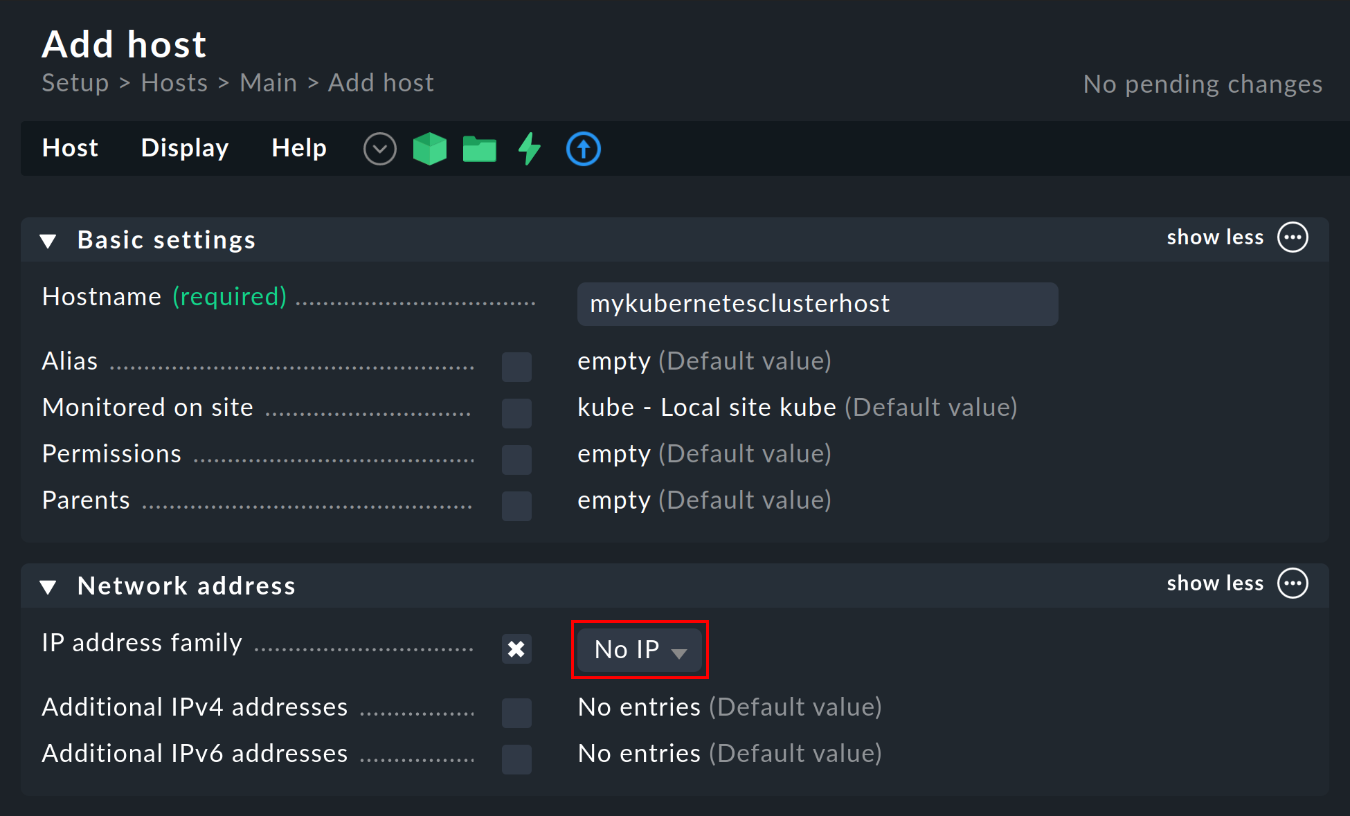 Example setup of a cluster host with the important 'No IP' setting.