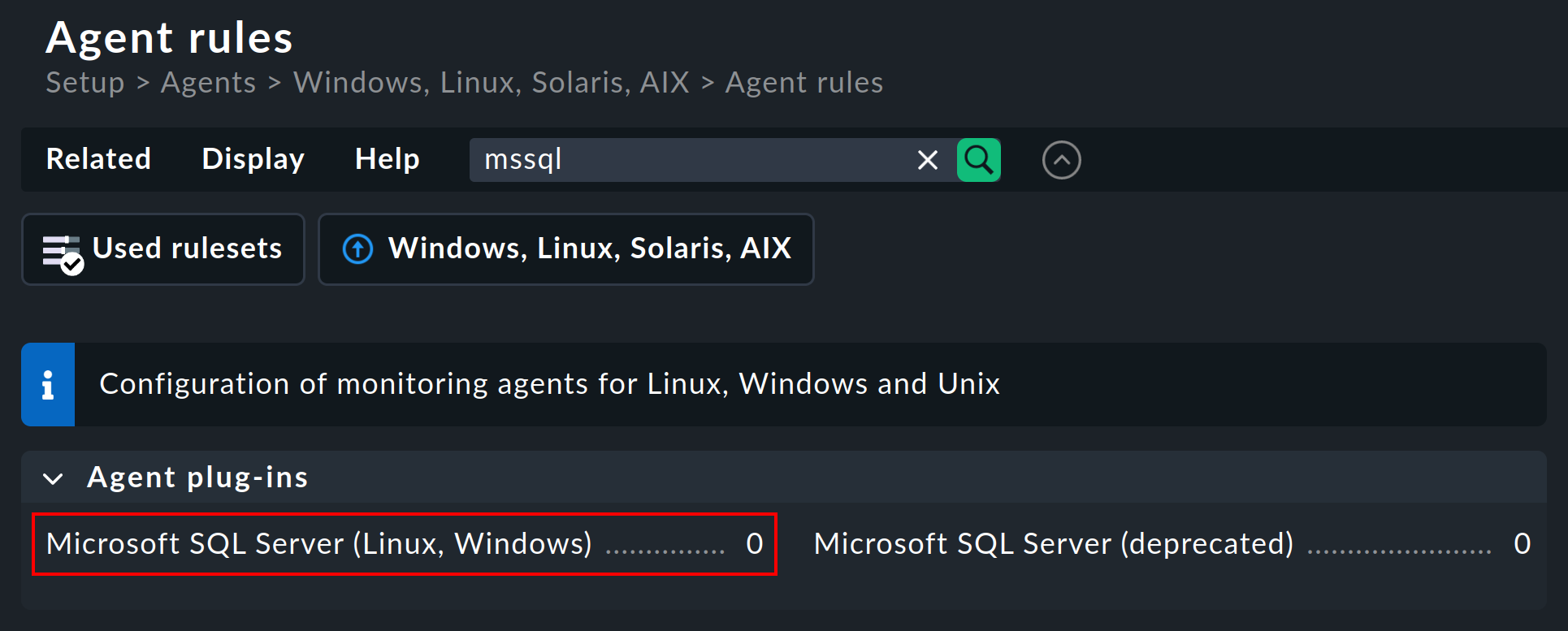 The rule 'Microsoft SQL Server (Linux, Windows)' in the agent rules.