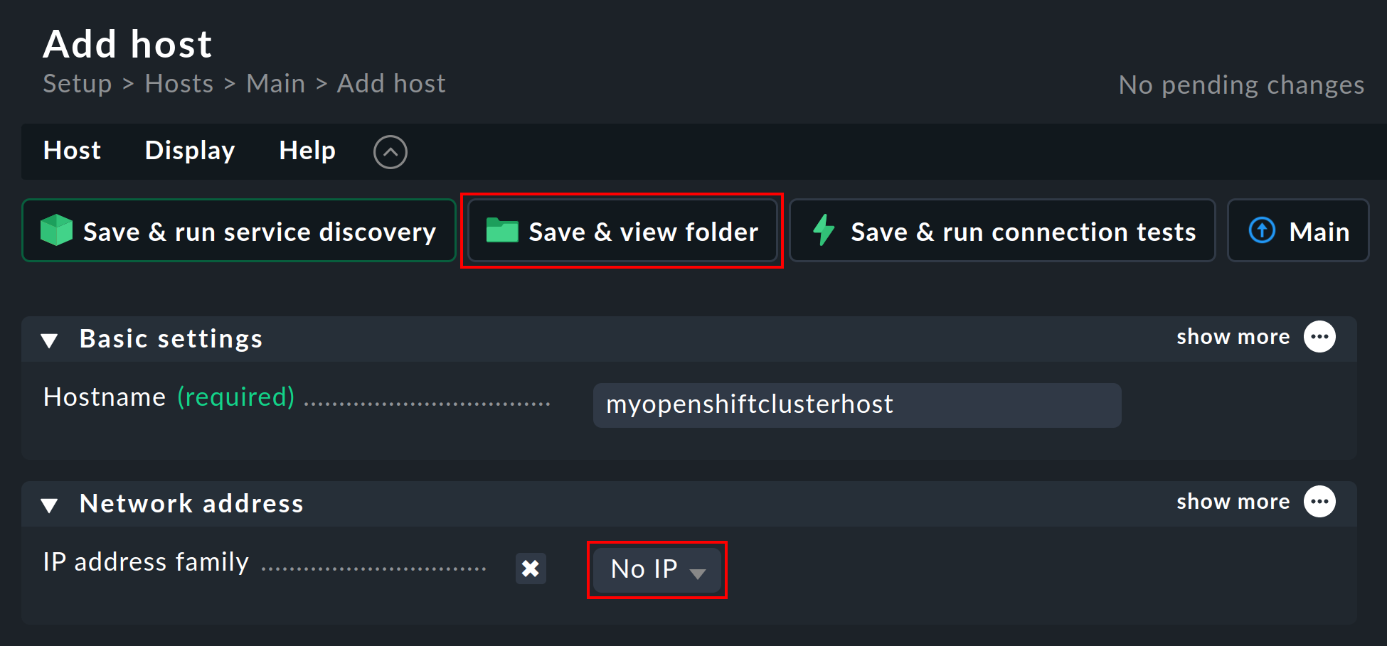 Beispielhafte Einrichtung eines Cluster-Hosts mit der wichtigen Einstellung 'No IP'.