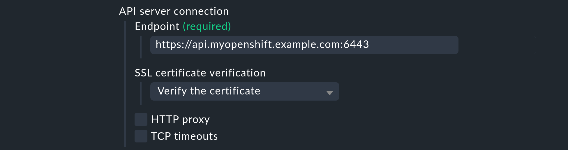 Example for specifying the API server connection.