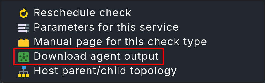 Aktionsmenü des Hosts im Monitoring mit dem Eintrag zum Download der Agentenausgabe.