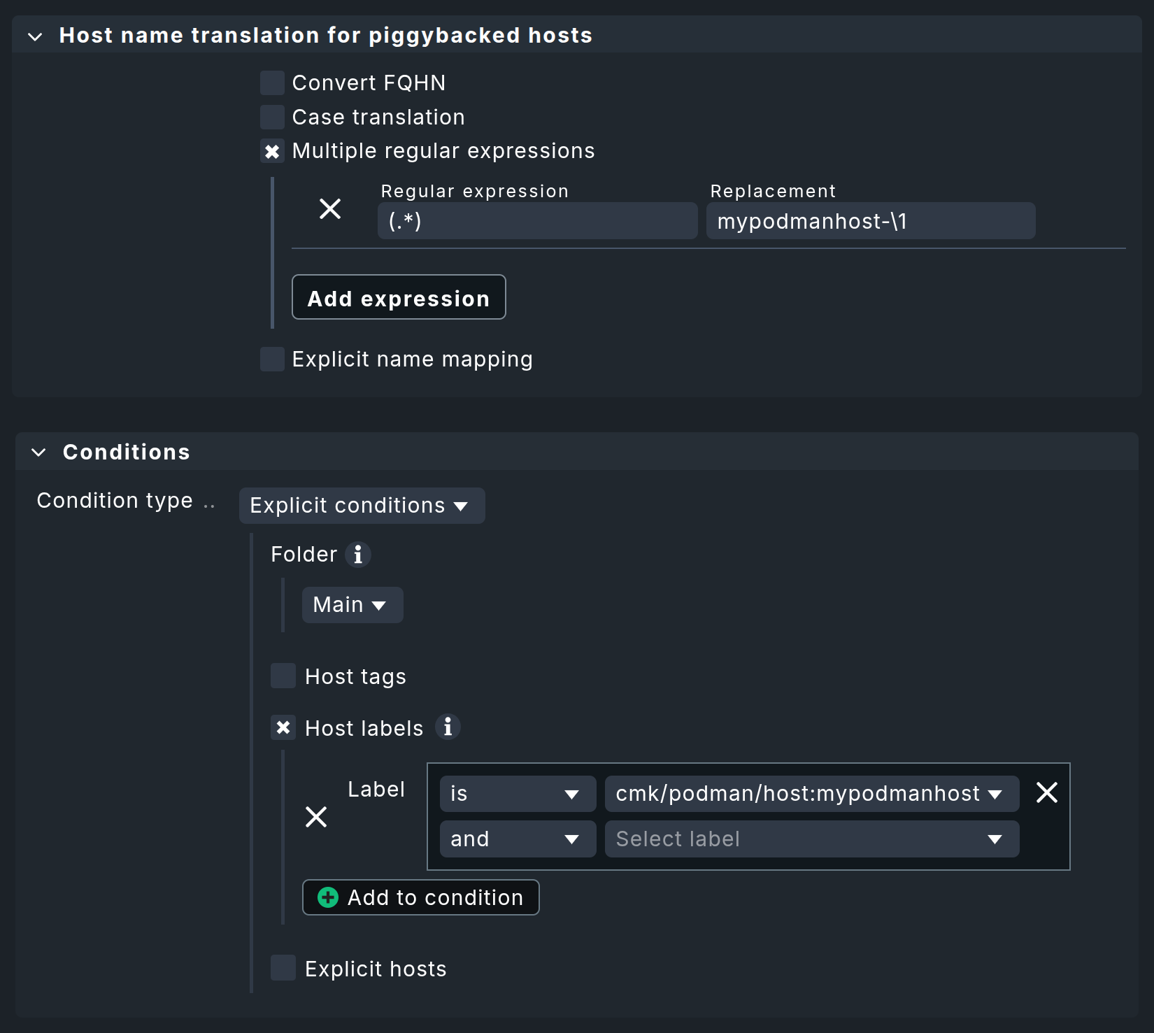 Regel zur Umbenennung der in den Piggyback-Daten enthaltenen Host-Namen.