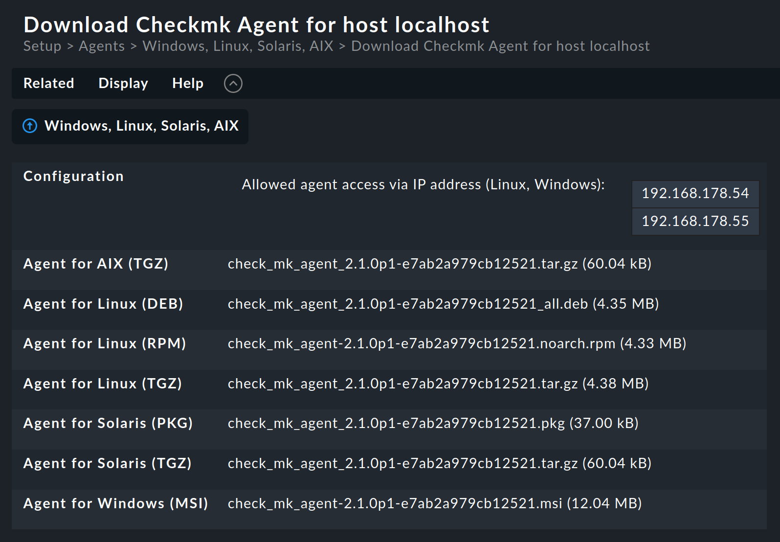 Liste der Agenten für einen Host zum Download.